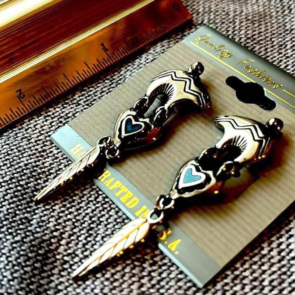 Handcrafted Feather Dangle Earrings‎ with Heart Design